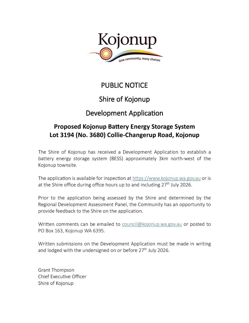 DEVELOPMENT APPLICATION FOR PROPOSED KOJONUP BATTERY ENERGY STORAGE