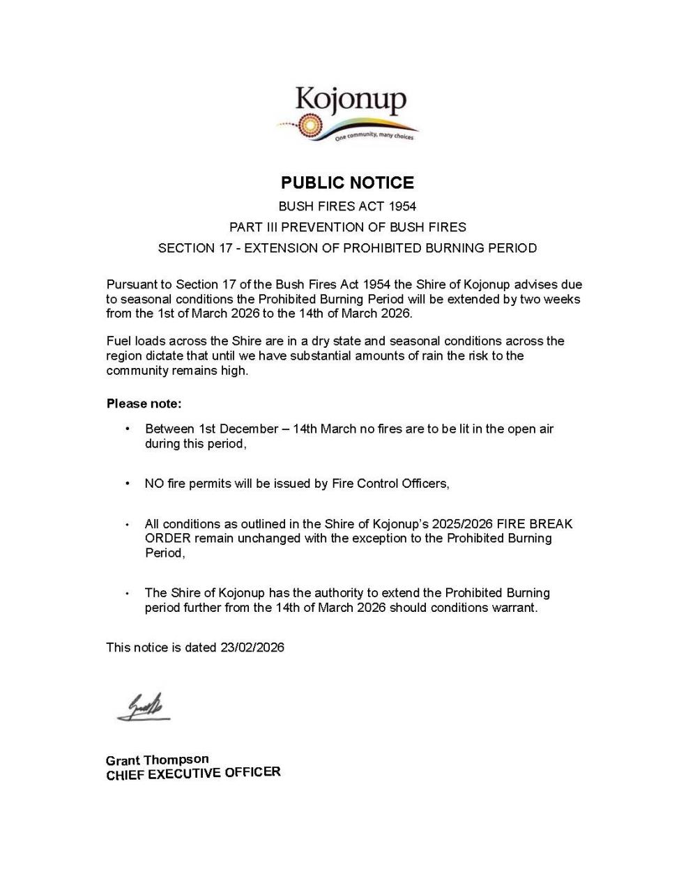 Extension of Prohibited Burning Period