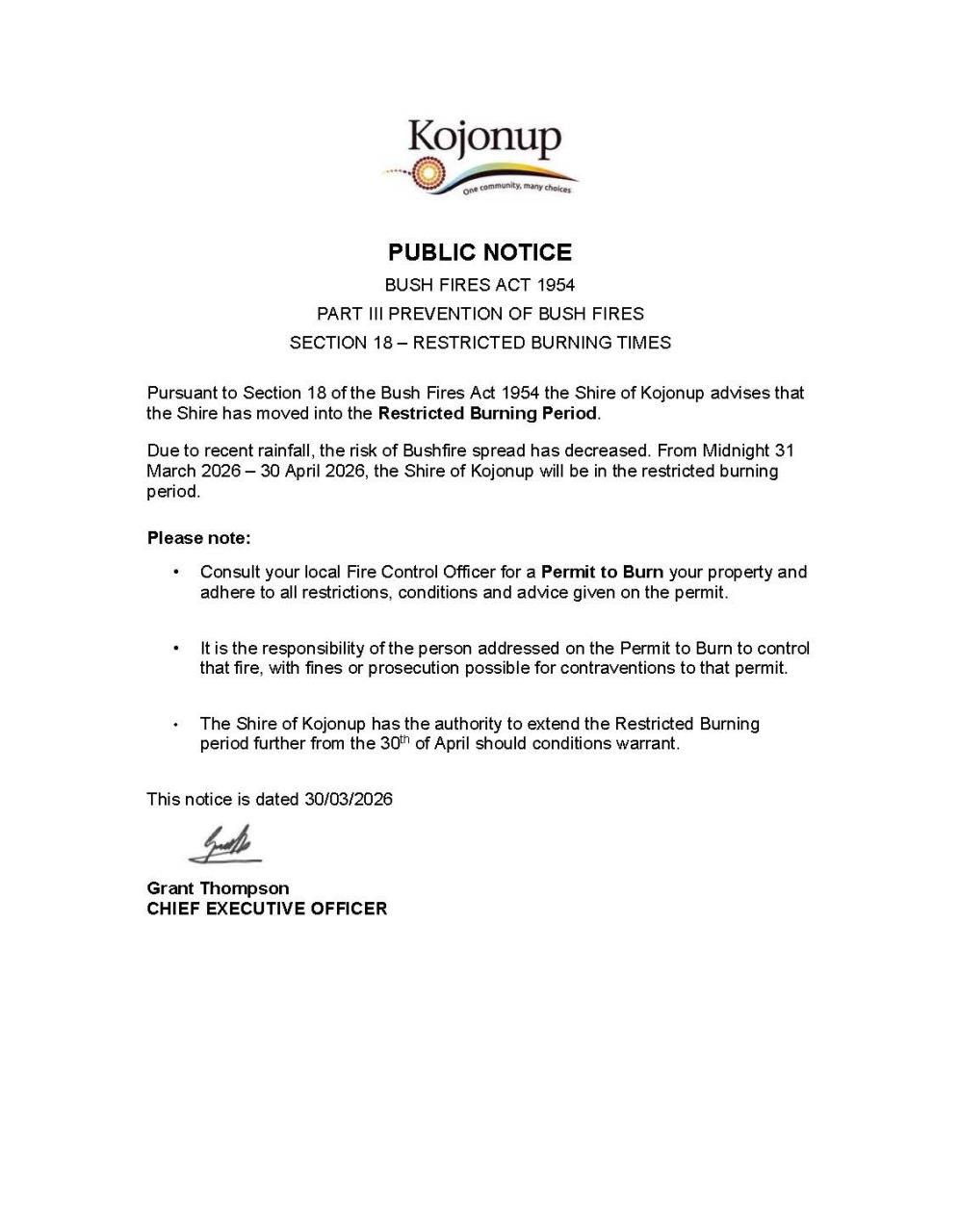 Public notice - Restricted Burning Period