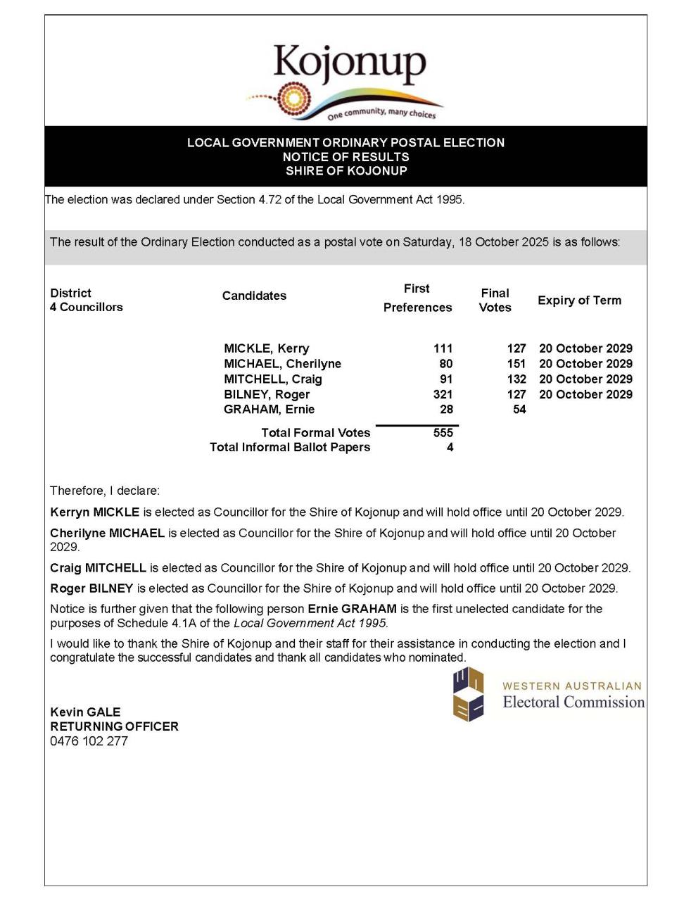News Story - 2025 Council Elections - Results » Shire of Kojonup